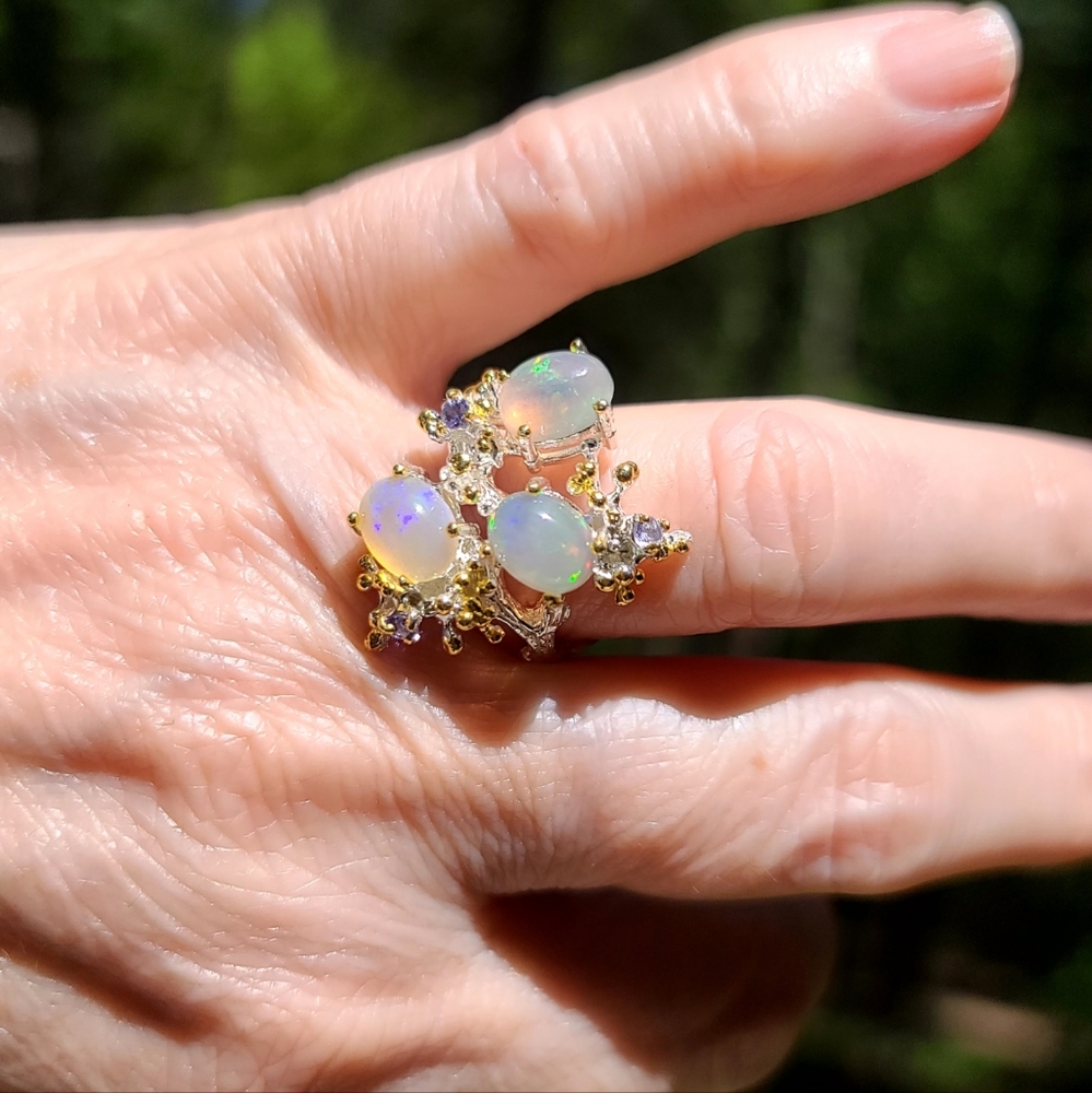 STUNNING Three Queens Opal & Tanzanite floral cocktail ring sz 7.5 - Picture 6 of 9